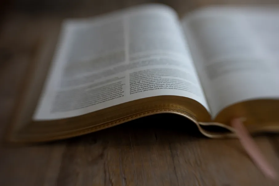 An open book with gold-gilded pages on a wooden surface.